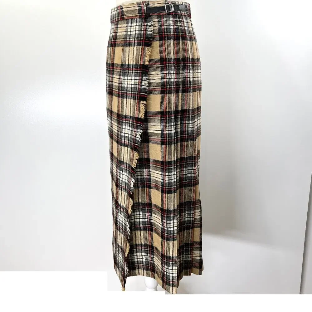Vintage Plaid Tartan Irish Wool Midi Pleated Wrap Skirt Tan